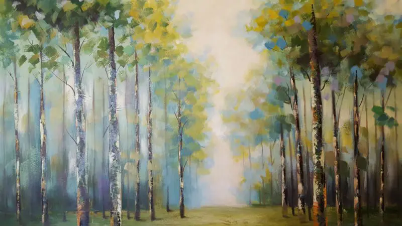 A painting of trees in the middle of a forest